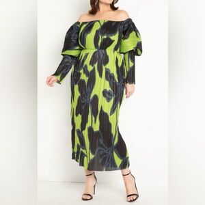 Elegant Green and Black Off-Shoulder Dress